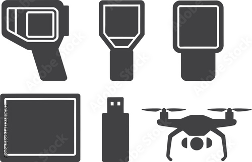 Collection of technology icons including thermal camera drone and usb drive