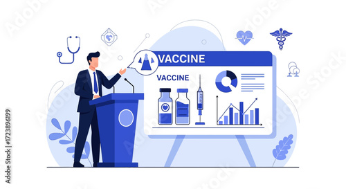 Vaccine announcement presentation with statistical graph and healthcare icons backdrop