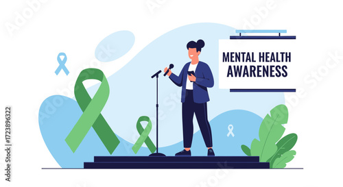 Vector illustration of a speaker at a Mental Health Awareness event with green ribbons