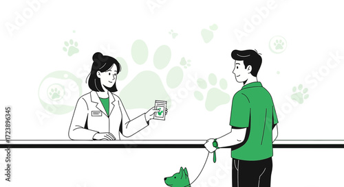Veterinarian Clinic: Veterinarian providing medicine to a dog owner after checkup ensuring pet