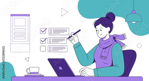 Woman completing online form with digital pen, promoting efficiency and modern work style
