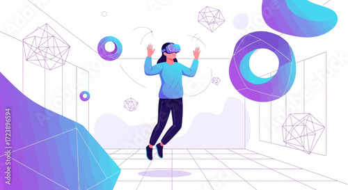 Woman experiencing virtual reality with headset and abstract geometrical shapes surrounding her