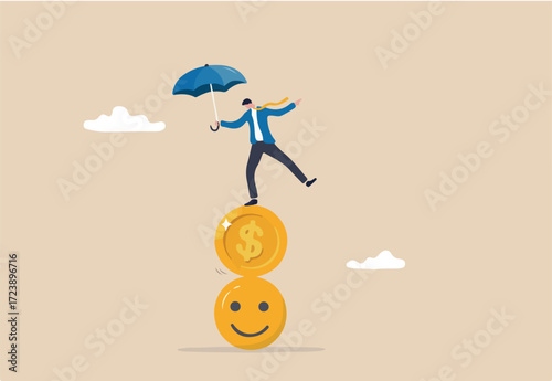 Balance between money and happiness, wealth and health, choosing meaningful life and real success concept, businessman holding umbrella balancing himself on stack of smile face and dollar coin.