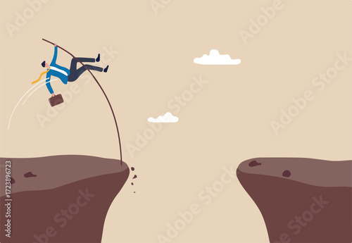 Overcome difficulty to reach business success, challenge or determination for leader, solution or skill to achieve target concept, confidence businessman pole vault jumping cross over cliff gap.