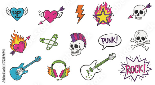 Punk doodle hand drawn vector. Grunge grafitti with rock heart star fire arrow skull. Sketch crayon icon tattoo. Scribble marker art. Line, shape punk doodle grafitti with rock music element.