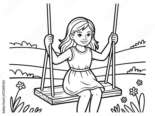 Girl on Swing A Black and White Line Art Illustration in Nature