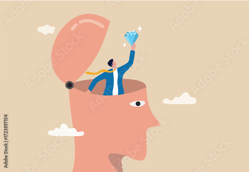 Self discovery, finding yourself searching for self value, success dream or meaning of life, exploration, inner or inside concept, happy businessman succeed finding valuable diamond inside his head