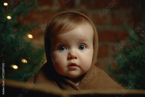 A captivating studio portrait of a wide-eyed, innocent baby wrapped in a cozy garment, set against the backdrop of a brick wall and festive decorations, radiates a sense of wonder and warmth.