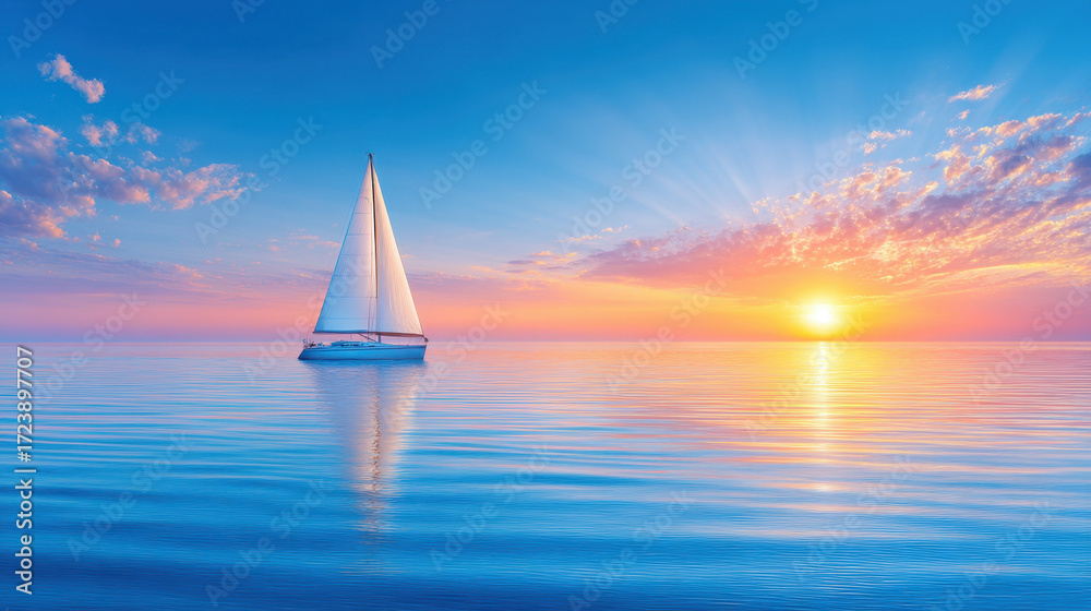 Obraz premium Sailing boat on calm sea with vibrant sunset and colorful sky creating peaceful and serene horizon view
