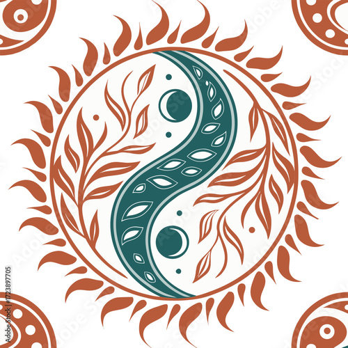 Fire and water yin yang mandala vector illustration with sun rays and nature elements vector