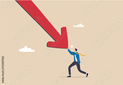 Resilience to survive investment crash, crisis or recession, pushing back or effort to win business challenge, economic recession concept, businessman pushing falling down arrow with full effort.