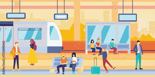 Diverse group of people waiting for a train at a modern station platform with a train arriving