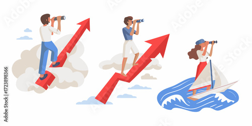 Diverse people looking into the future with spyglasses on rising arrows and a sailboat representing growth and opportunity
