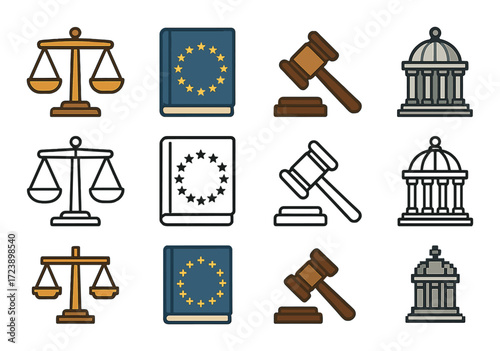 European union law and justice symbols: scales, gavel, eu book, courthouse icons
