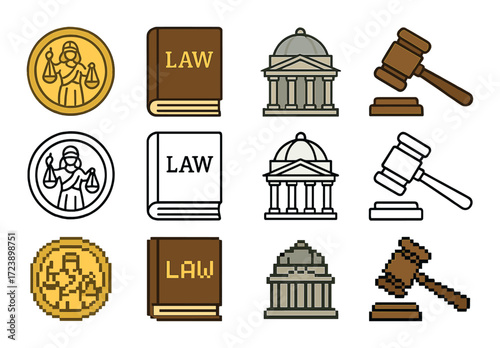 Law and justice icons: scales, books, courthouse, gavel
