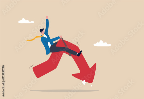 Stock market or crypto currency crash and going down, economic crisis or investing risk, volatility and fluctuation concept, businessman investor rodeo riding uncertainty decline red arrow graph