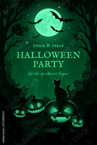 Trick or Treat Party Banner with Halloween Cat and Moon