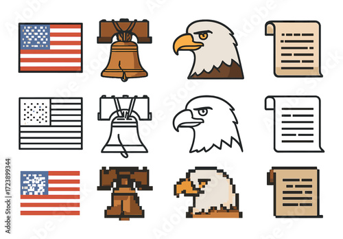 Icon set featuring usa flag liberty bell bald eagle and declaration scroll
