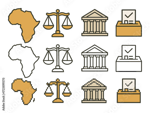 African governance and justice symbols illustrating law, government, and electoral processes