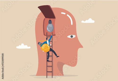 Wisdom, knowledge or creativity to solve problem, intelligence, literature or education to success in work concept, businessman climb up ladder to replace new lightbulb idea on the brain in his head.