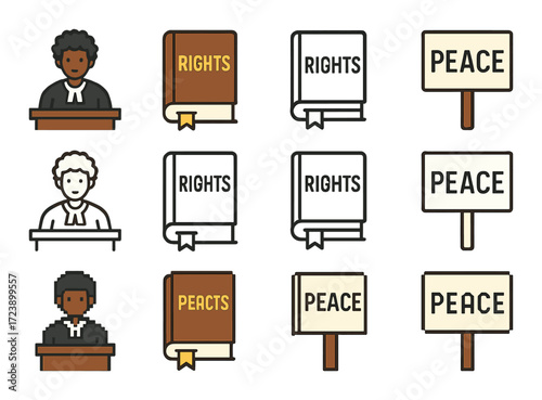 Icon set of advocacy themes with diverse individuals in court and protest signs