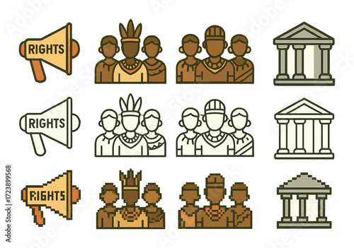 Diverse community unity icons with megaphones and government buildings