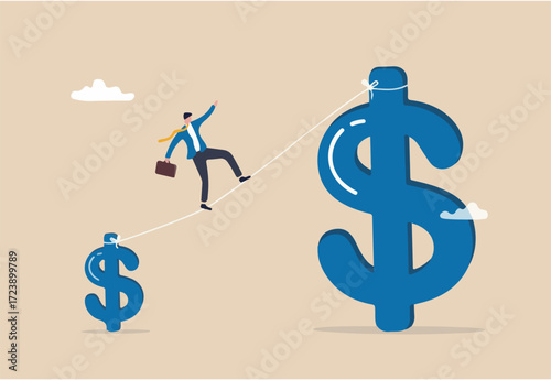 Investment growth high risk high reward, growing wealth or increase wages, salary or income, earning or profit savings concept, businessman investor acrobat walking from small dollar to bigger one.