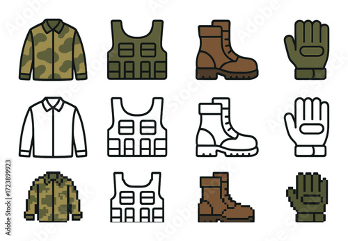 Military clothing and gear icons on camouflage background