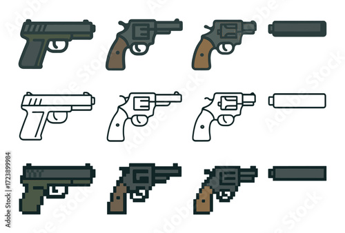 Collection of pistol and revolver icons with suppressors on gray background