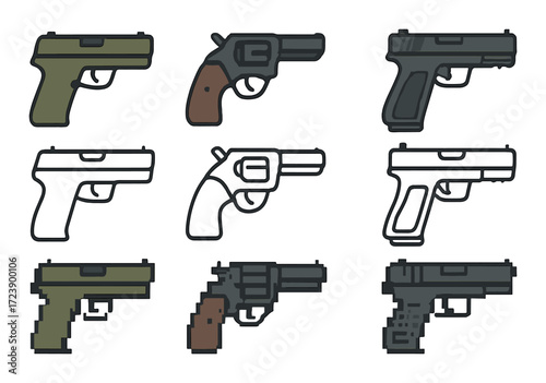 Vector set of nine stylized guns in pixel and outline art style