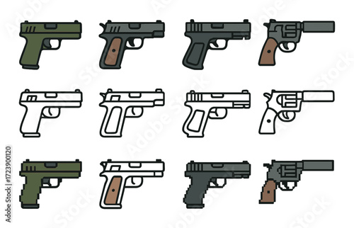 Various handgun illustrations: pistols and revolvers with differing designs
