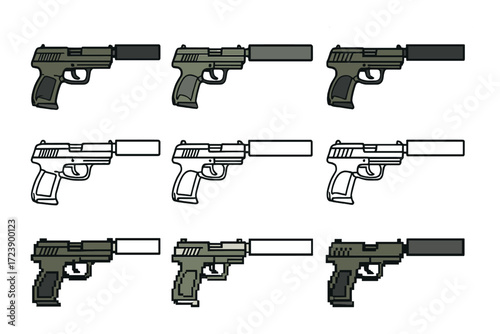 Collection of silenced handguns: pixel art lineup on green background