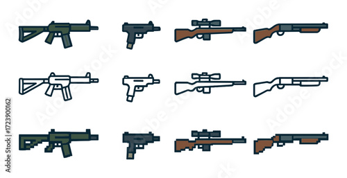 Collection of stylized gun icons featuring various weapon types