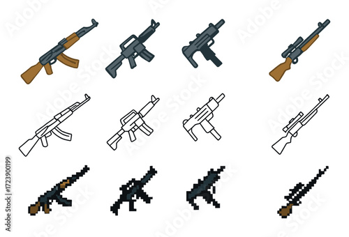Pixelated assault rifles: collection of 12 pixel art firearms in various styles and colors
