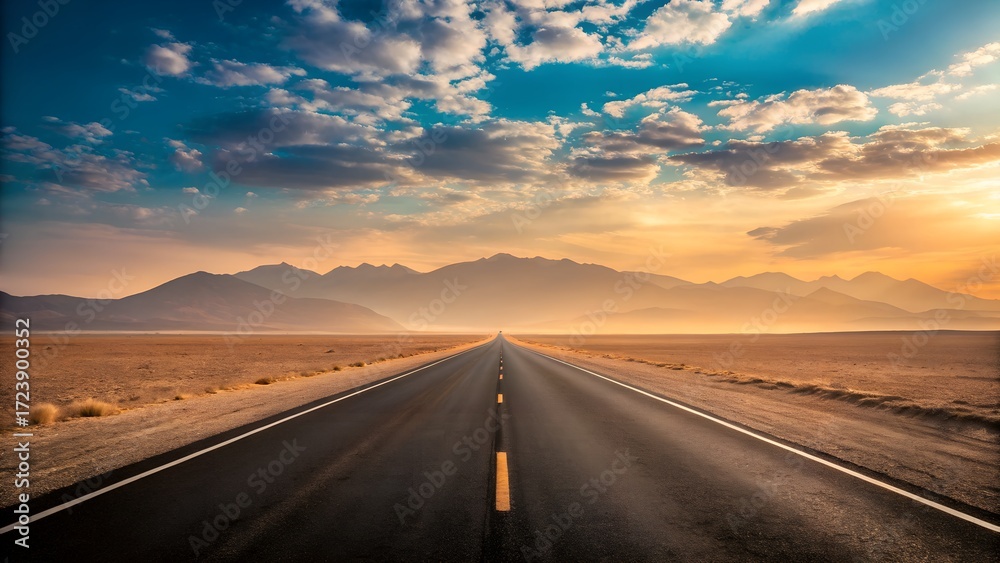 Naklejka premium A long, empty highway stretches towards distant mountains under a dramatic sunset sky with scattered clouds.