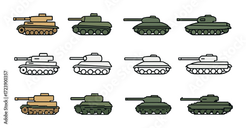 Row of military tanks in various colors and styles on gradient background