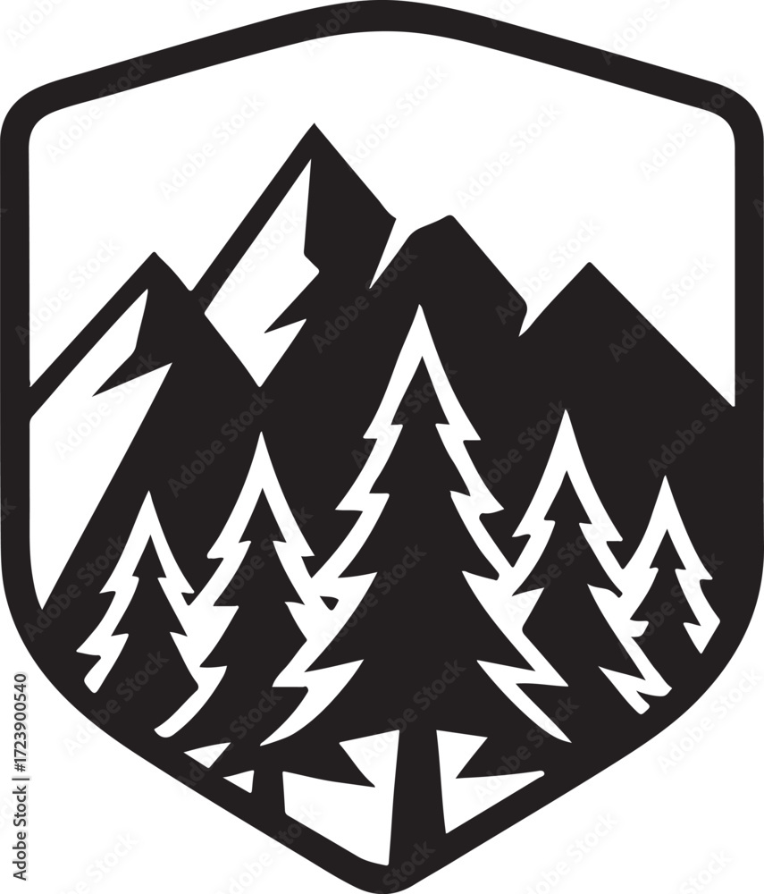Obraz premium Hand drawn lake and mountain vector landscape with pine trees, black and white outdoor illustration