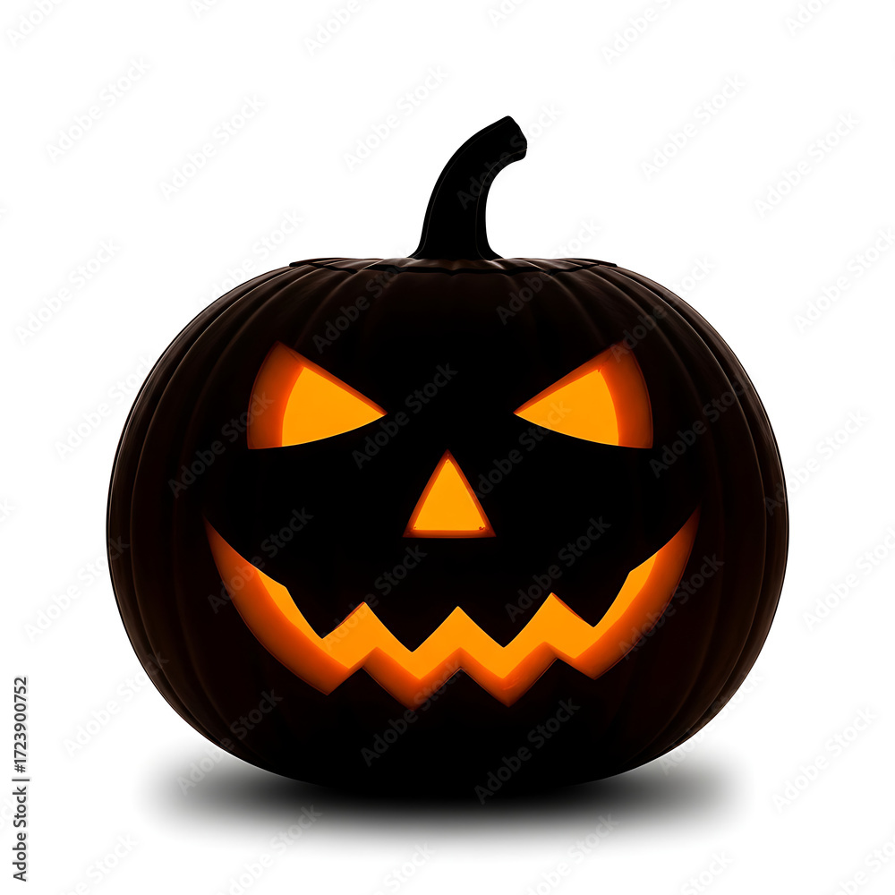 Fototapeta premium Jackolantern with a scary face, glowing orange eyes and mouth, isolated on white background