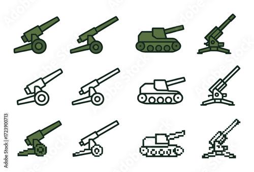 Icon set of military artillery and tanks on green background
