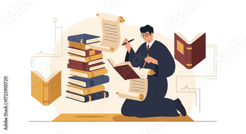A Man in Gown Writing on Scroll Surrounded by Books, Representing Law and Education