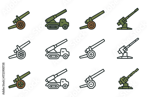 Colorful military artillery icons with anti-aircraft and tank designs on camouflage background