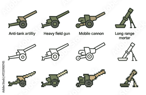 Military artillery icons: anti-tank, heavy field gun, mobile cannon, long range mortar