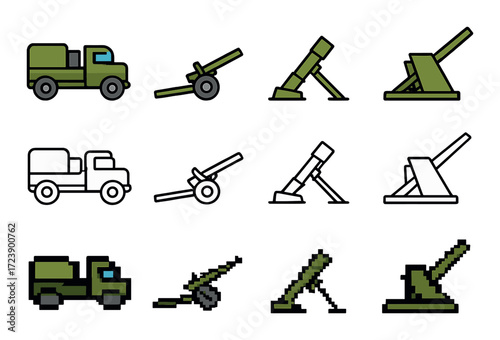 Retro military vehicles and artillery icons set on green background