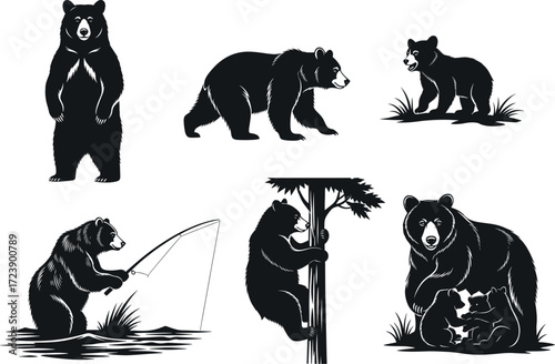 Black bear vector illustration set, wild animal silhouette collection featuring standing bear, walking bear, fishing bear, climbing bear, mother bear with cubs design