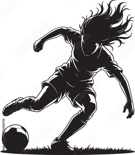 Female soccer player running kicking ball on grass black silhouette