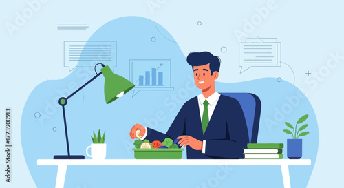 A young businessman enjoying a healthy lunch break in the office with fresh salad and greens while
