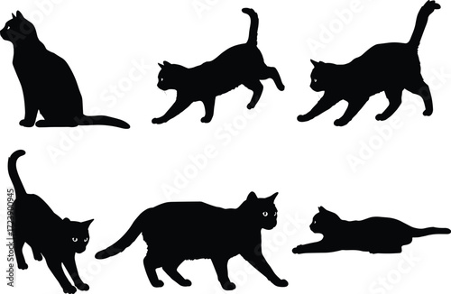 Black cat silhouette vector set, feline poses collection, walking, sitting, stretching, playful, lying down, animal illustration for design, decoration, print