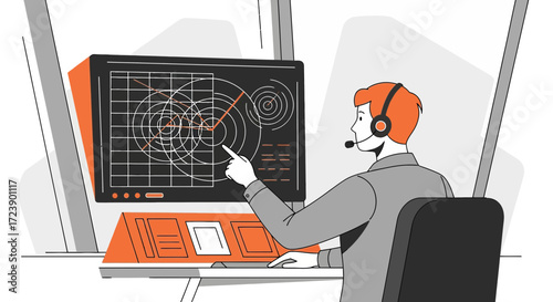 Air traffic controller monitoring radar screen in control tower aviation safety crucial