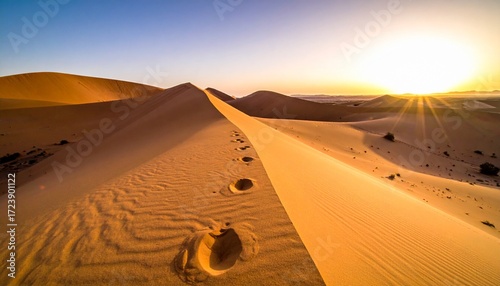 Desert sand dunes with footprints leading into horizon.