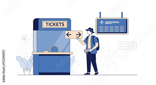 Airport travel guidance: man at ticket booth consulting signage for directions inside terminal